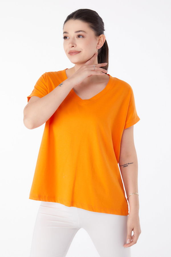V Yaka T-Shirt Turuncu - 25397 TURUNCU