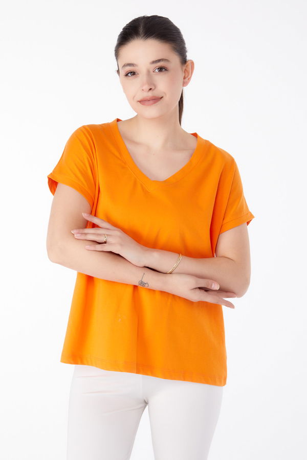 V Yaka T-Shirt Turuncu - 25397 TURUNCU