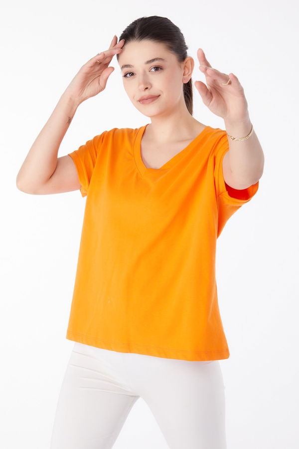 V Yaka T-Shirt Turuncu - 25397 TURUNCU