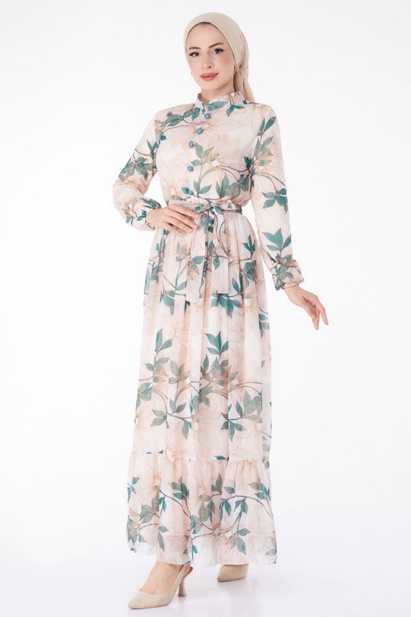 Çiçek Desenli Elbise Haki - 25413 HAKİ
