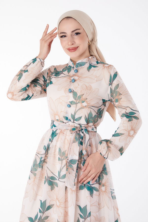 Çiçek Desenli Elbise Haki - 25413 HAKİ