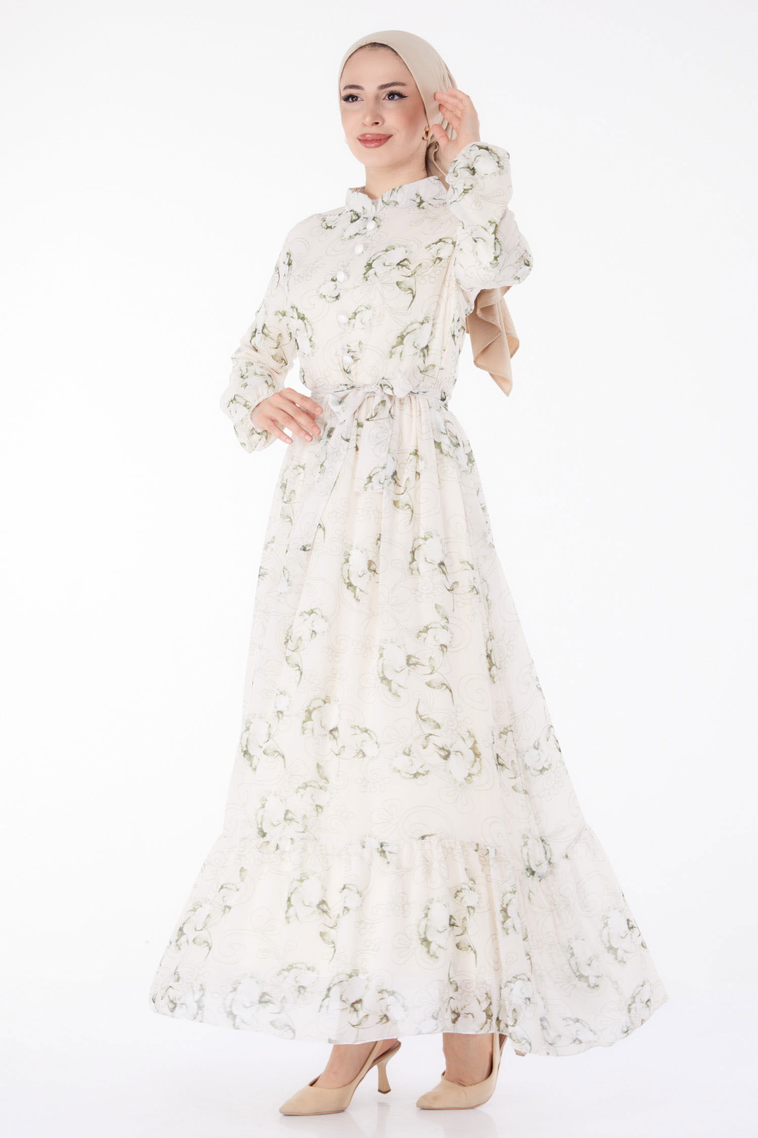 Çiçek Desenli Elbise Haki - 25414