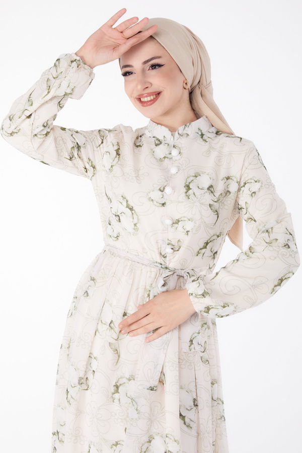 Çiçek Desenli Elbise Haki - 25414