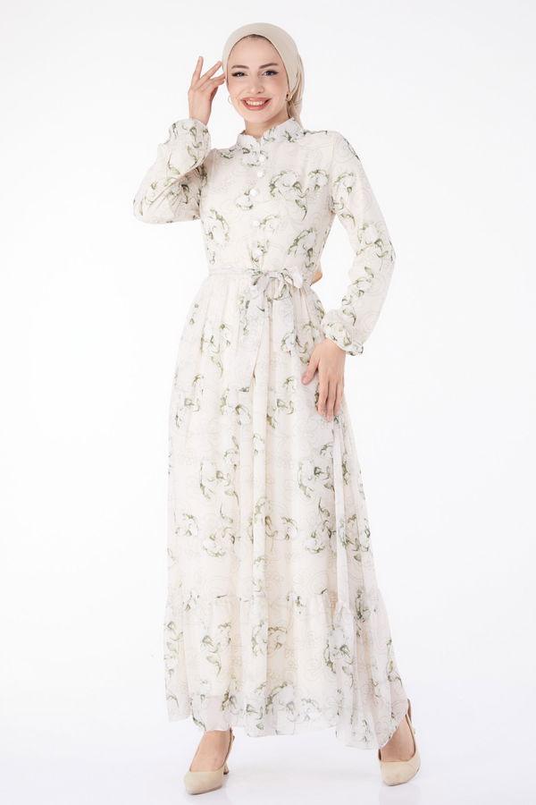 Çiçek Desenli Elbise Haki - 25414