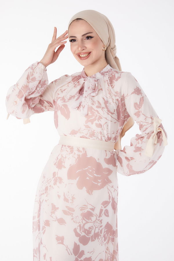 Balon Kol Desenli Elbise Pembe - 25449 PEMBE