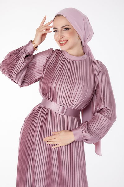 Pliseli Abiye Elbise Pembe - 25458