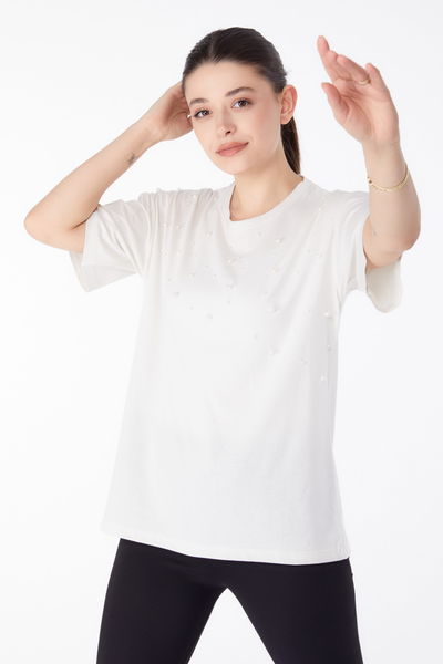 İnci Detaylı T-shirt Ekru - 25473