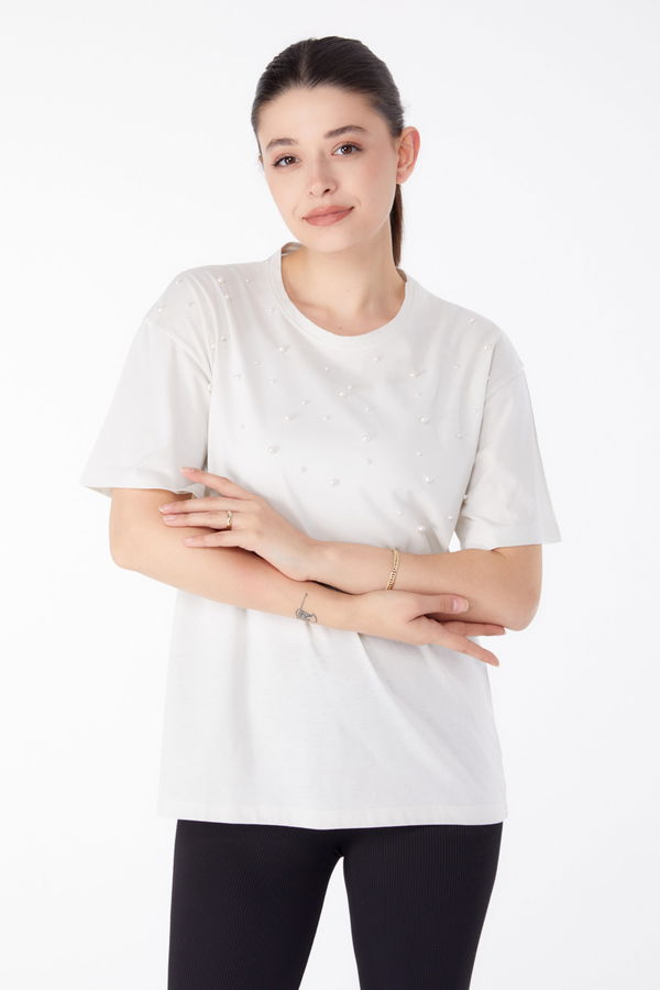 İnci Detaylı T-shirt Ekru - 25473