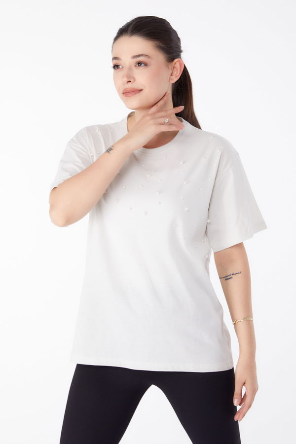 İnci Detaylı T-shirt Ekru - 25473