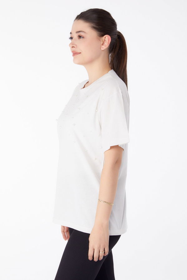 İnci Detaylı T-shirt Ekru - 25473