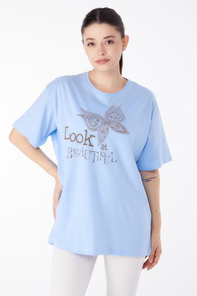 Taşlı T-Shirt Mavi - 25476