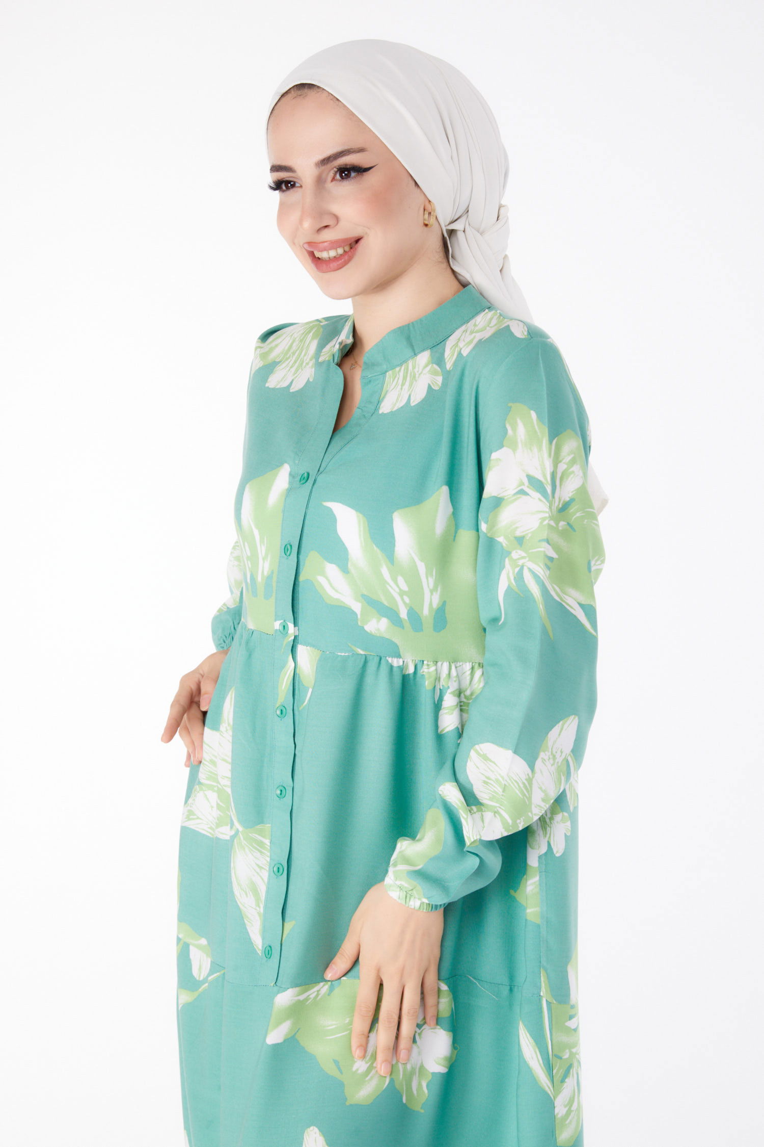 Lale Desenli Elbise Yeşil - 25486 YEŞİL
