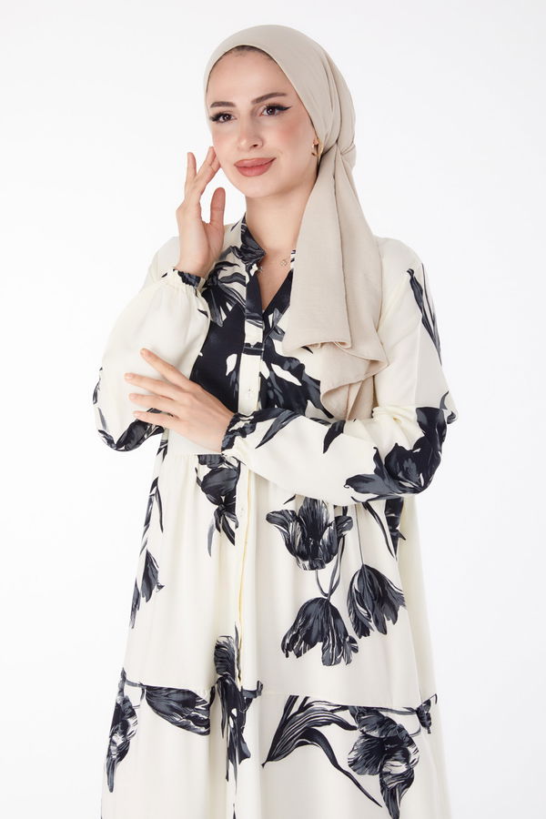 Lale Desenli Elbise Ekru - 25486