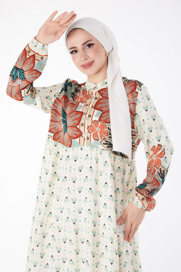 Çicek Desenli Elbise Kiremit - 25487