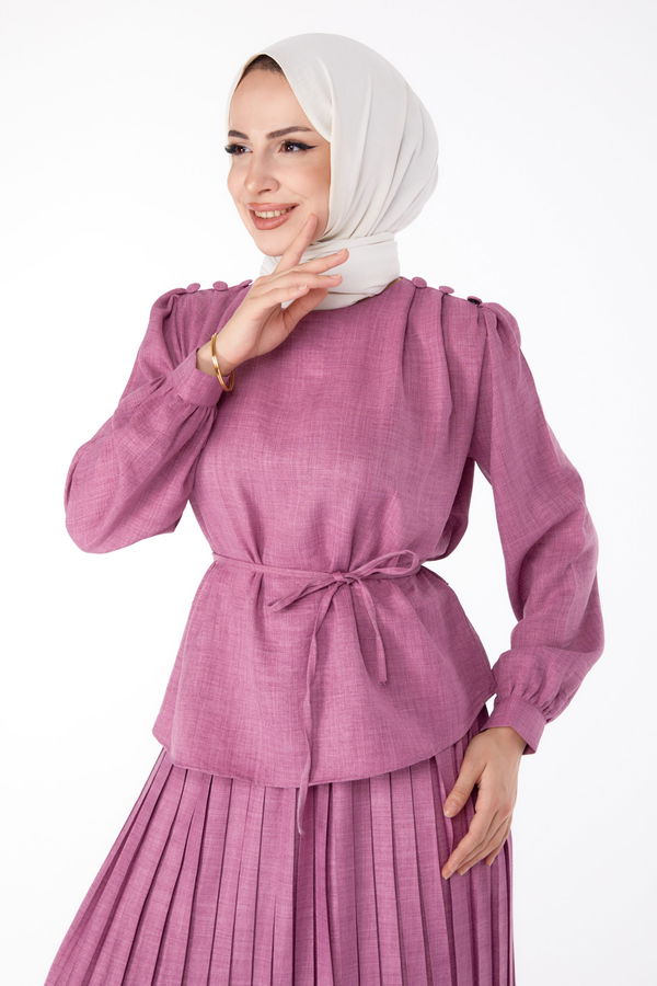 Düğme Detaylı İkili Takım Pembe - 25493 PEMBE