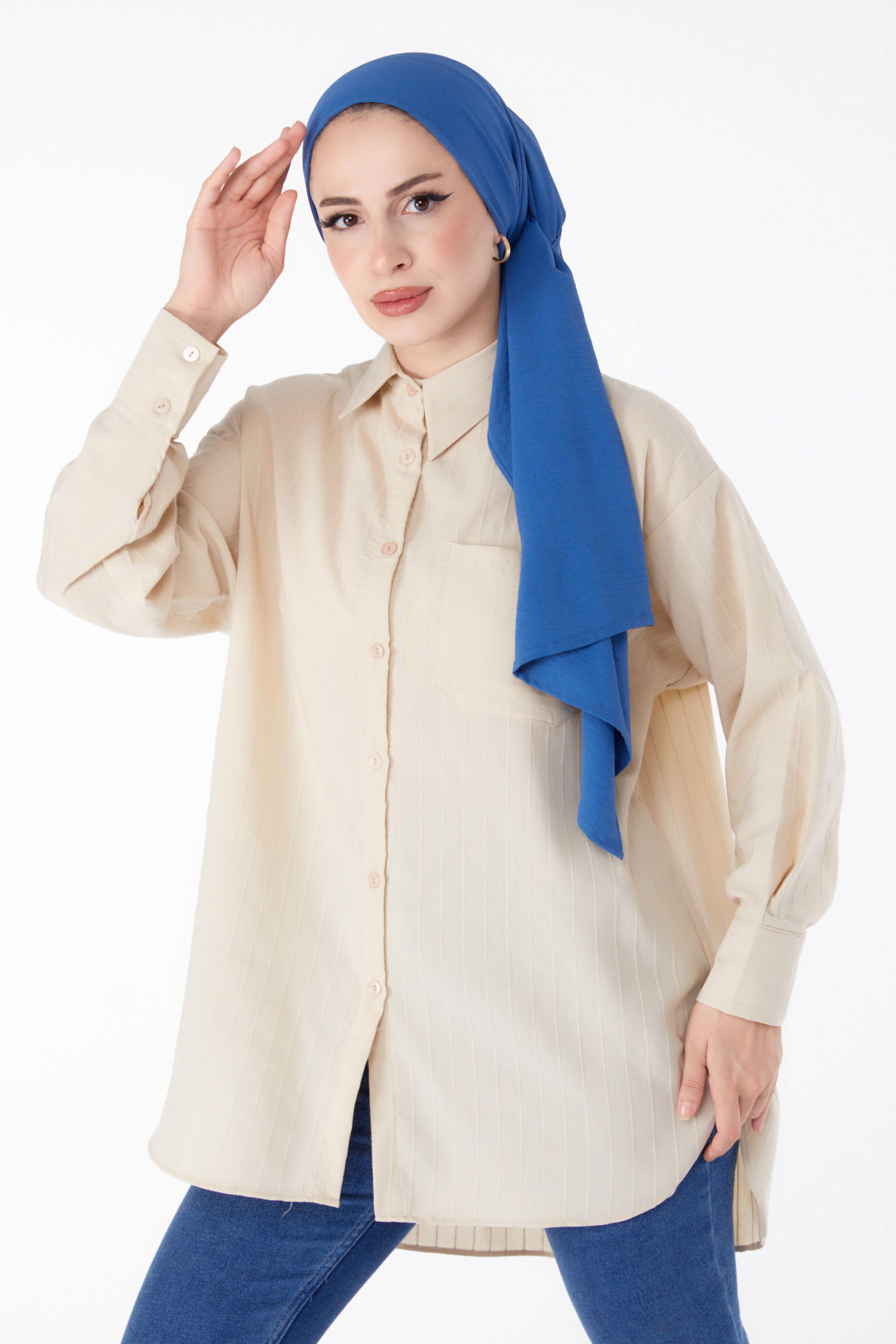 Tek Cepli Çizgili Tunik Bej - 25496