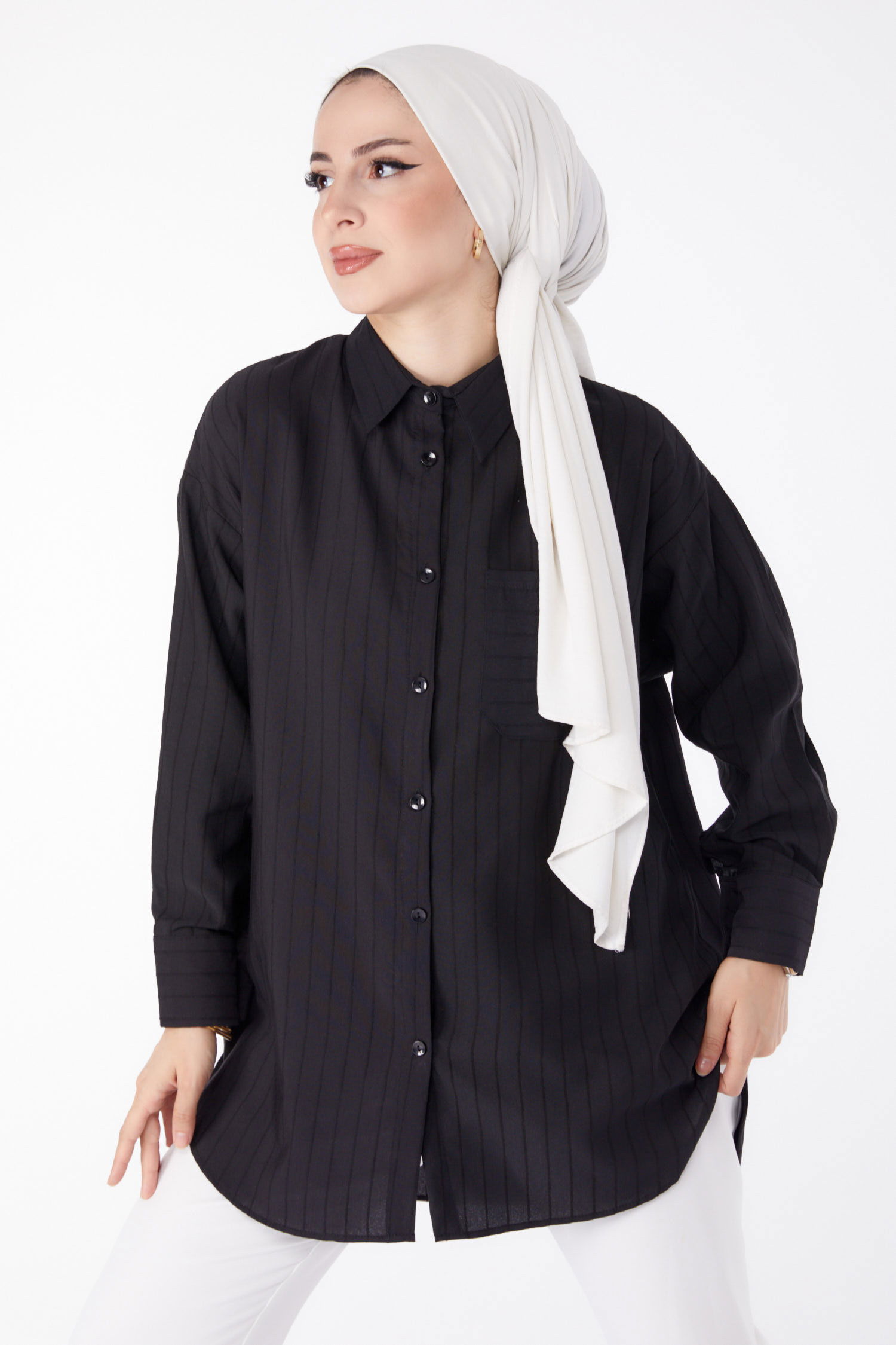 Tek Cepli Çizgili Tunik Siyah - 25496