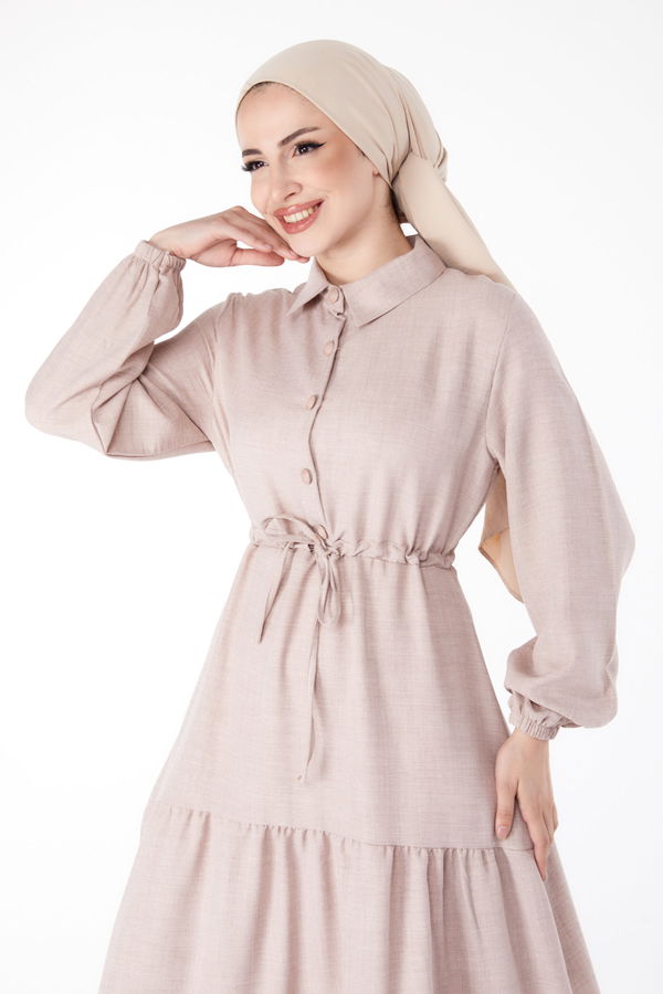 Düğmeli Bağcıklı Elbise Bej - 25522 BEJ