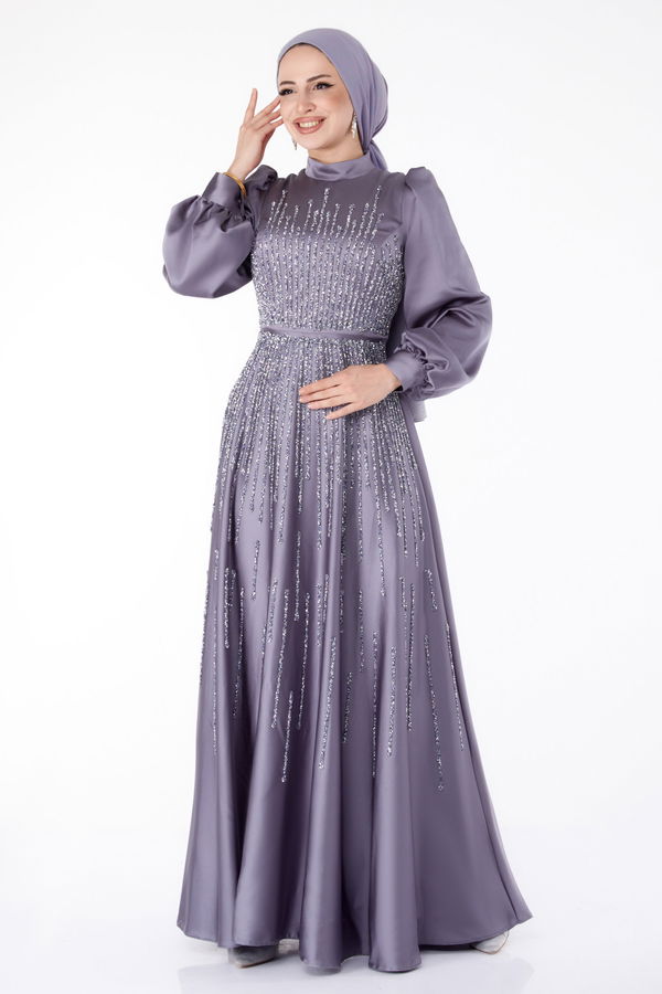 Taşlı Abiye Elbise Gri - 25576 GRİ