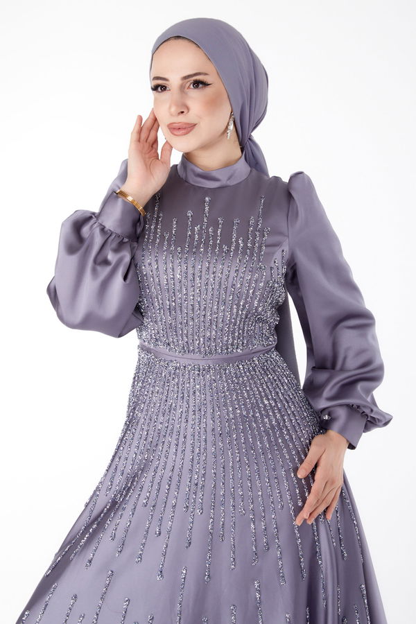 Taşlı Abiye Elbise Gri - 25576 GRİ