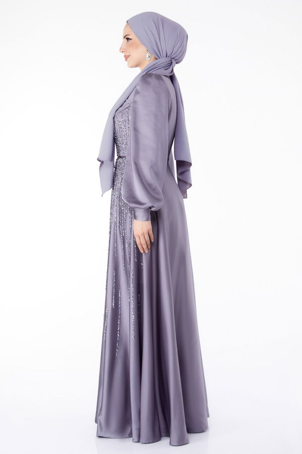 Taşlı Abiye Elbise Gri - 25576 GRİ