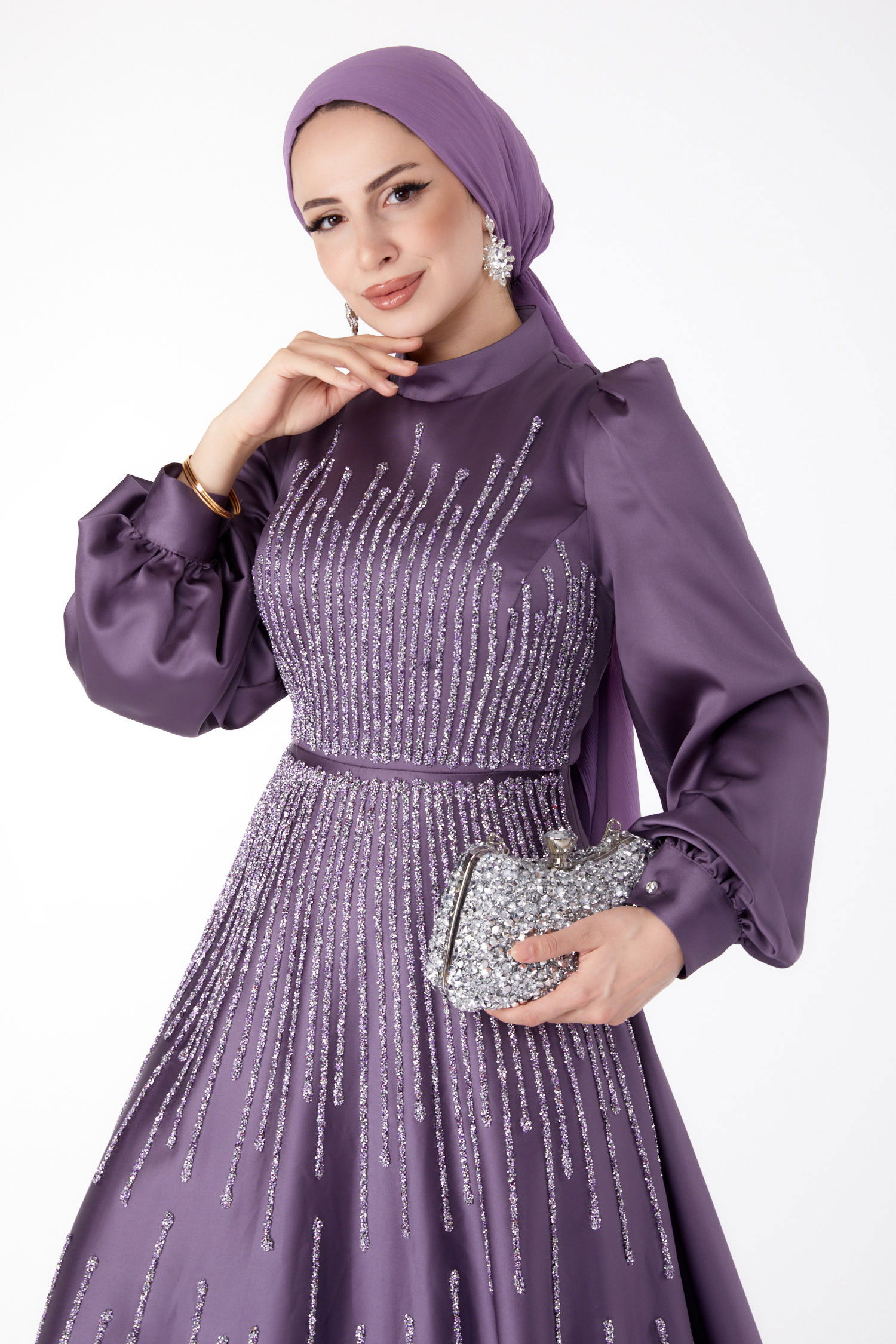 Taşlı Abiye Elbise Mürdüm - 25576