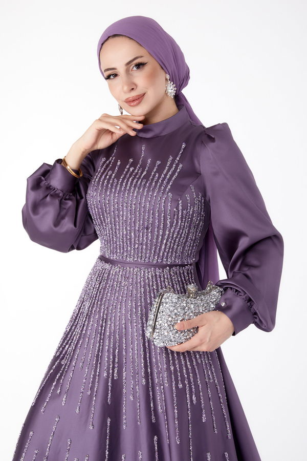 Taşlı Abiye Elbise Mürdüm - 25576