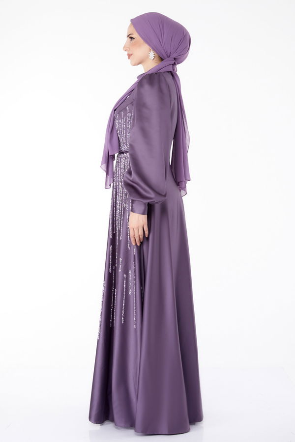 Taşlı Abiye Elbise Mürdüm - 25576
