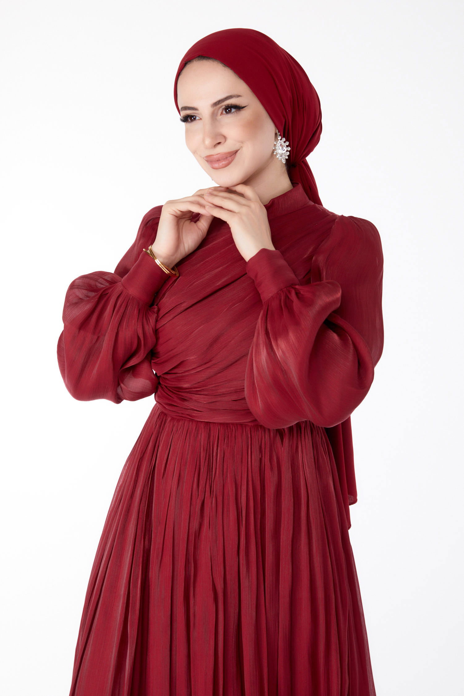 Pileli Abiye Elbise Bordo - 25577