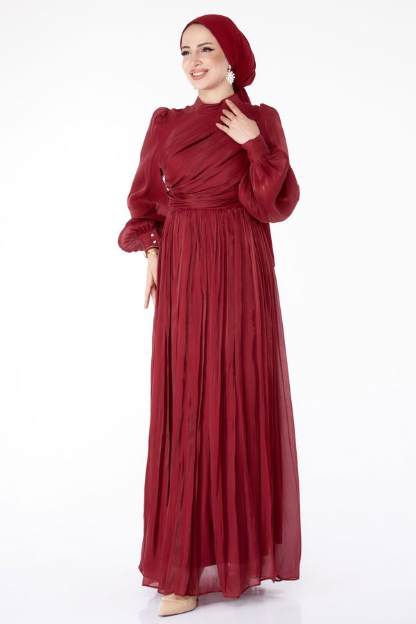 Pileli Abiye Elbise Bordo - 25577