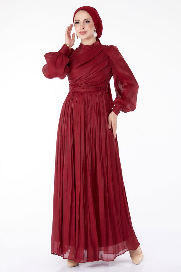 Pileli Abiye Elbise Bordo - 25577