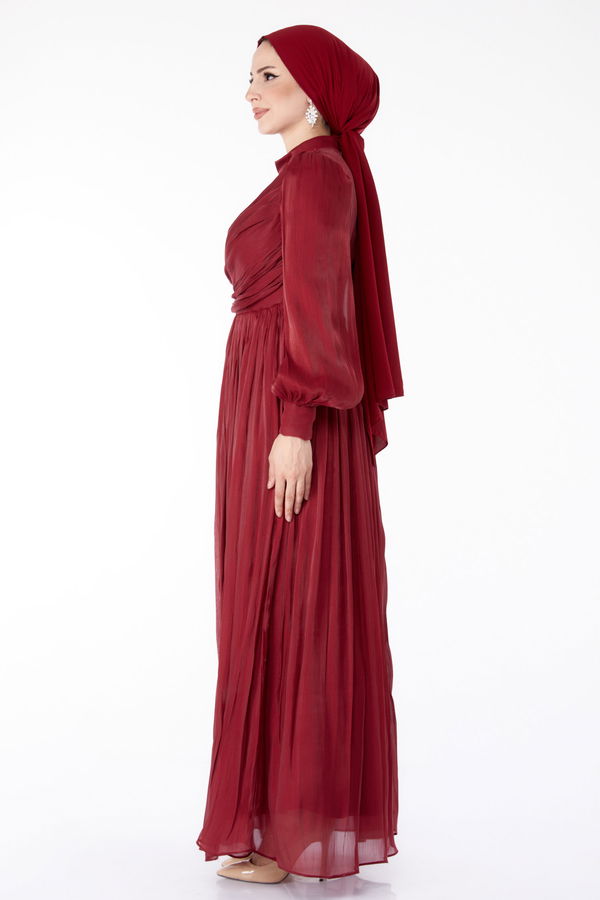 Pileli Abiye Elbise Bordo - 25577