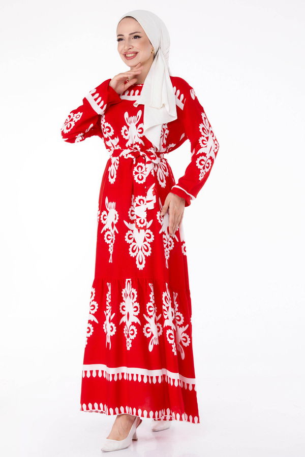 Etnik Desenli Elbise Kırmızı - 25601