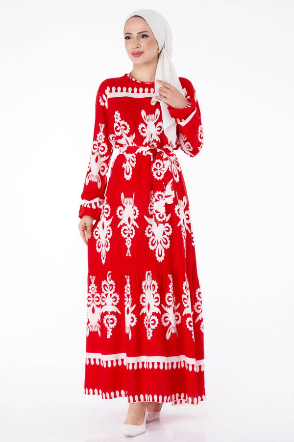 Etnik Desenli Elbise Kırmızı - 25601