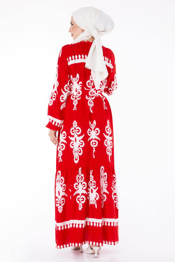 Etnik Desenli Elbise Kırmızı - 25601
