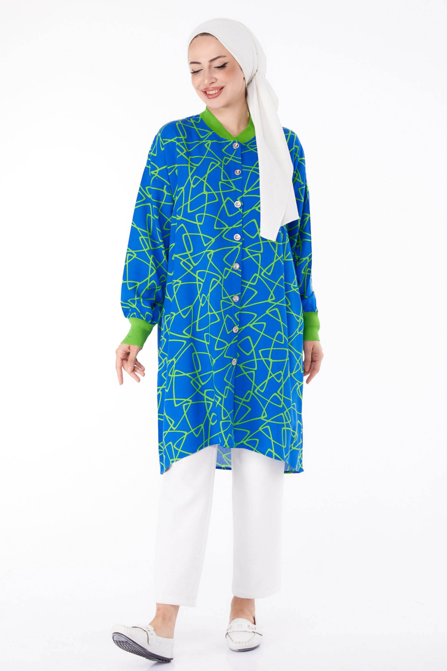 Düğmeli Desenli Tunik Mavi - 25626