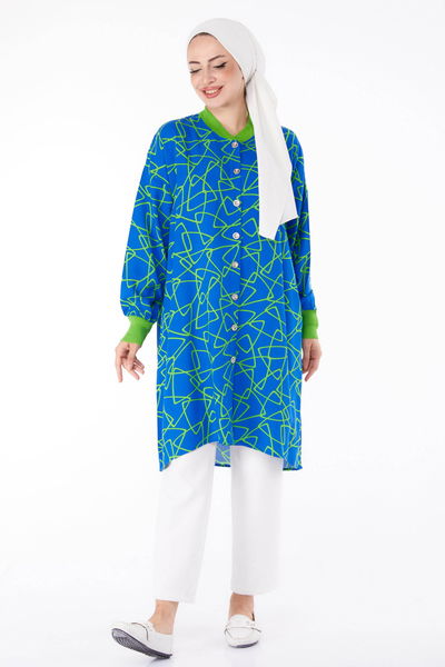 Düğmeli Desenli Tunik Mavi - 25626
