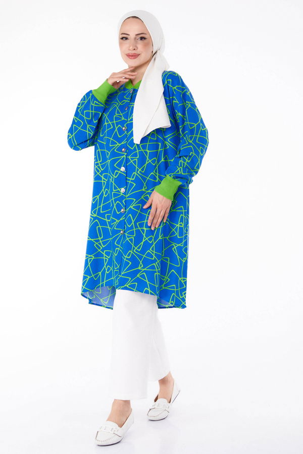 Düğmeli Desenli Tunik Mavi - 25626