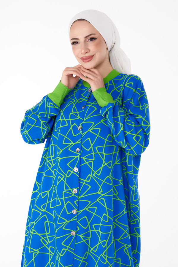 Düğmeli Desenli Tunik Mavi - 25626