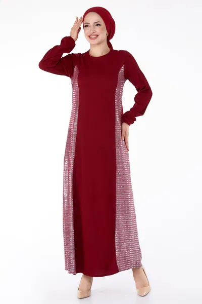 Yanı Simli Fitilli Elbise Bordo - 25628