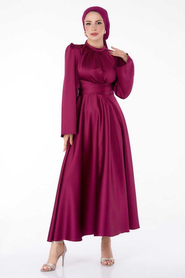 Çapraz Kemerli Abiye Elbise Mürdüm - 25646