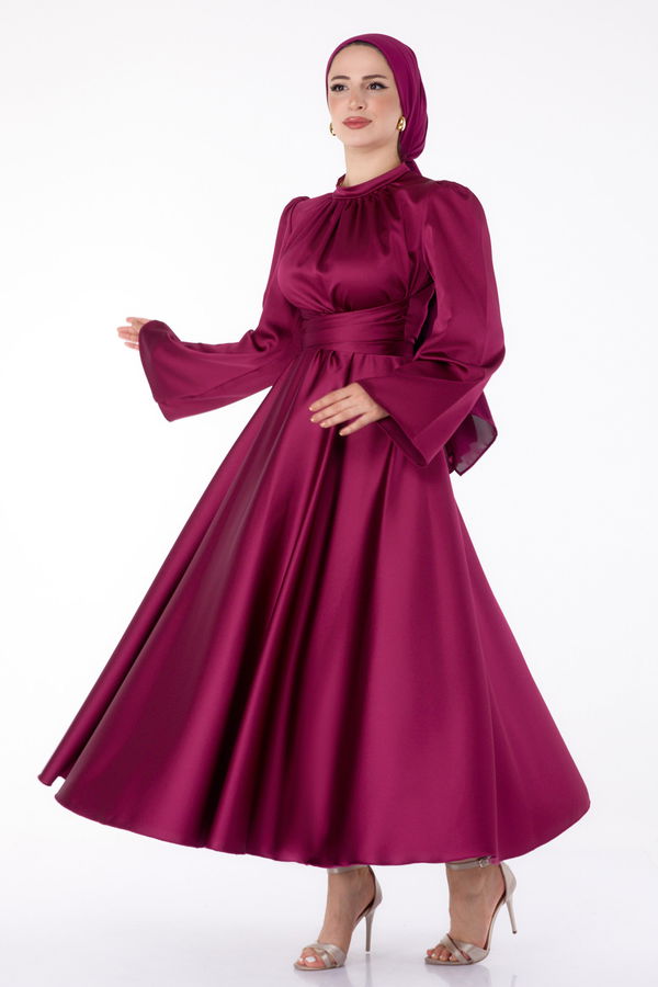 Çapraz Kemerli Abiye Elbise Mürdüm - 25646