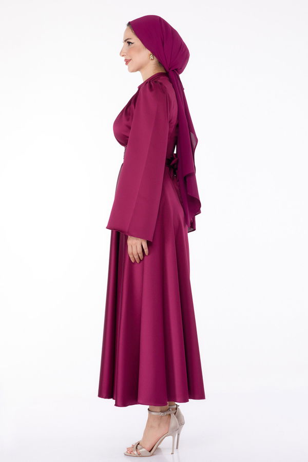 Çapraz Kemerli Abiye Elbise Mürdüm - 25646