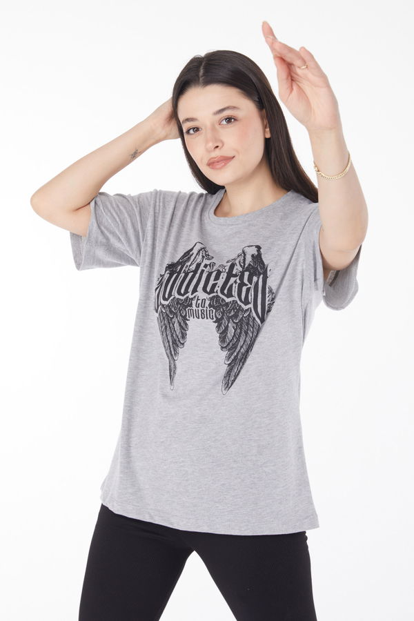 Baskılı T-shirt Gri - 25694