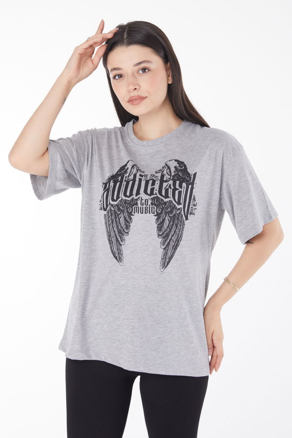 Baskılı T-shirt Gri - 25694