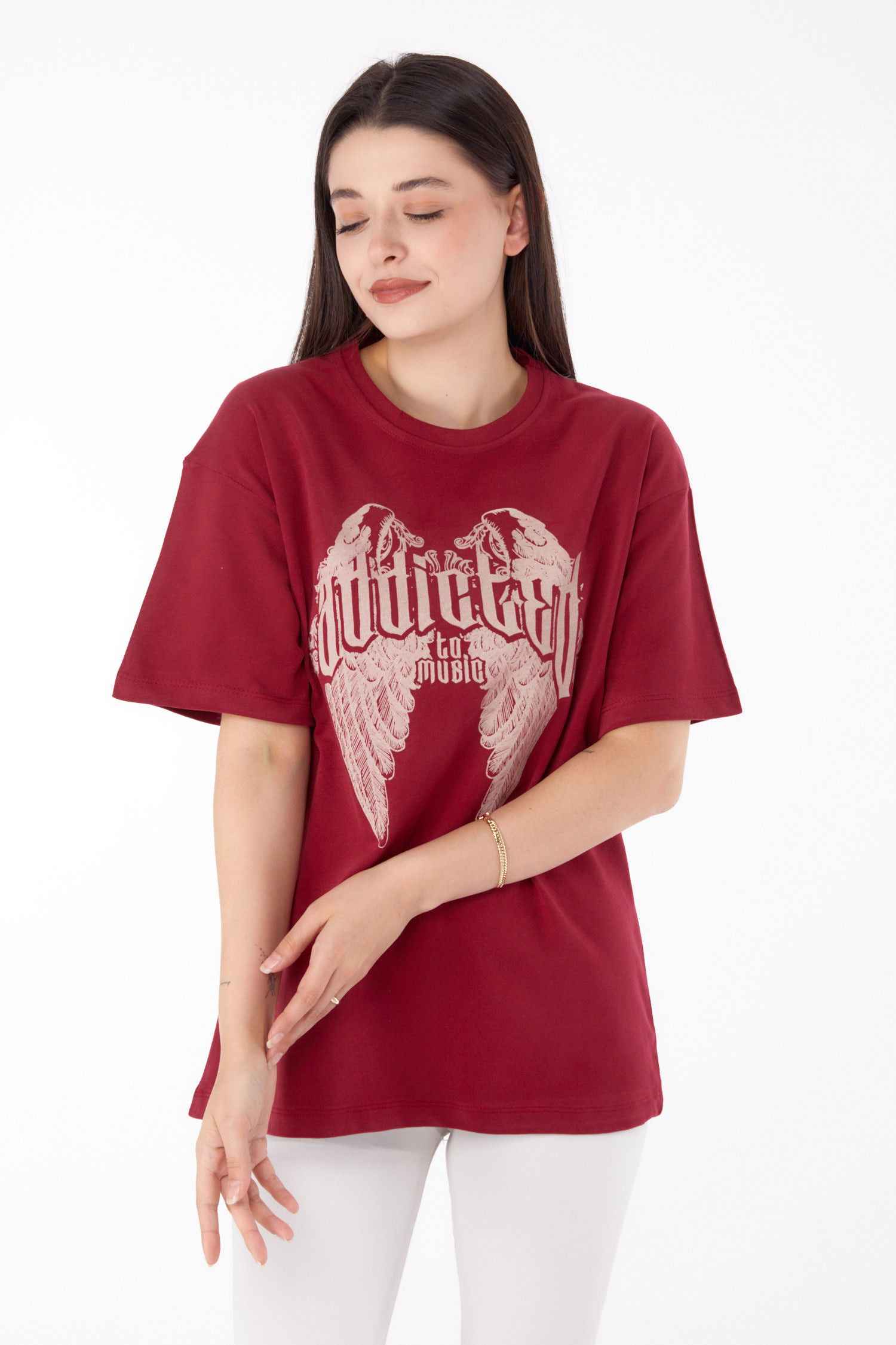 Baskılı T-shirt Bordo - 25694