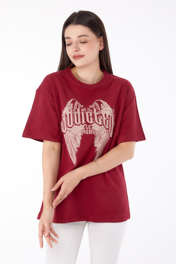 Baskılı T-shirt Bordo - 25694