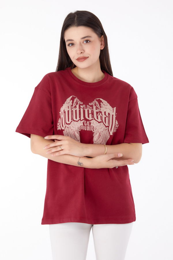 Baskılı T-shirt Bordo - 25694