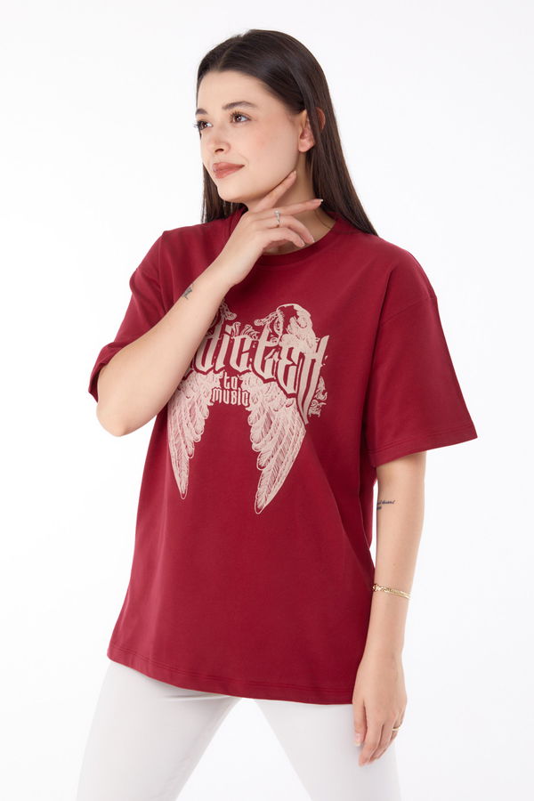 Baskılı T-shirt Bordo - 25694