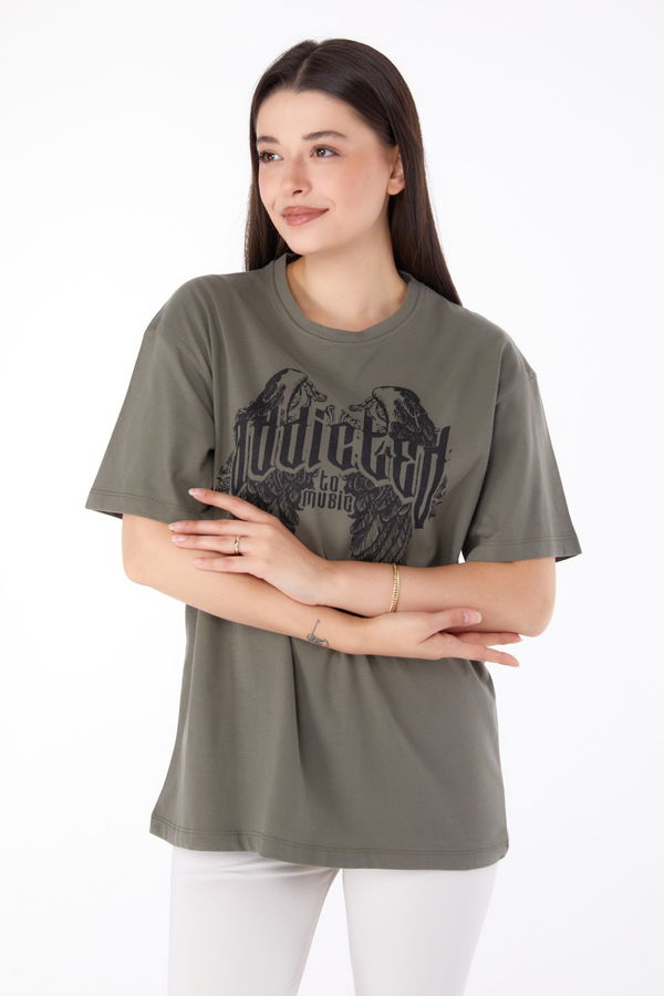 Baskılı T-shirt Haki - 25694